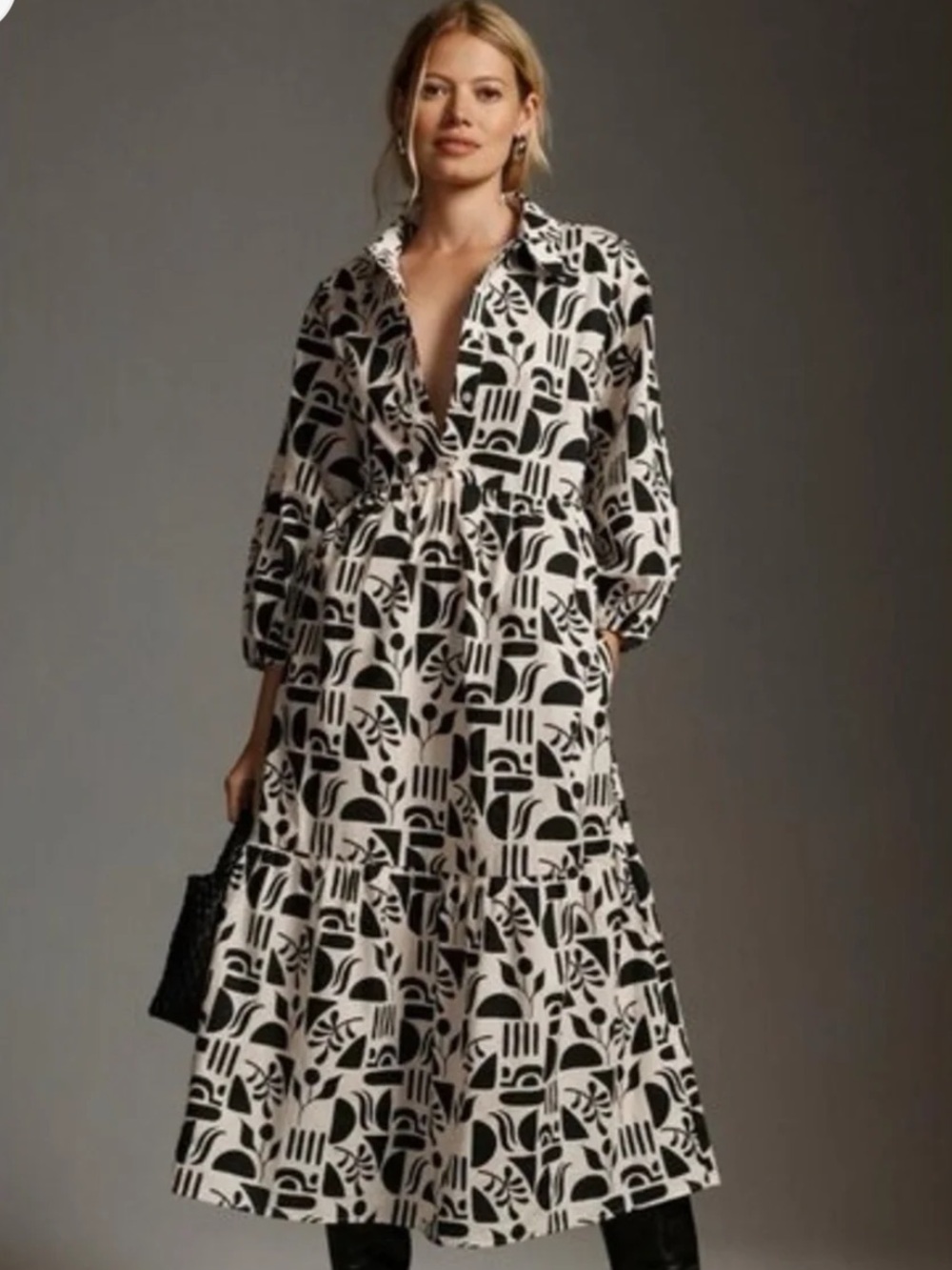 Anthropologie Maeve Bettina Dress Black & White Geometric Print Midi Dress